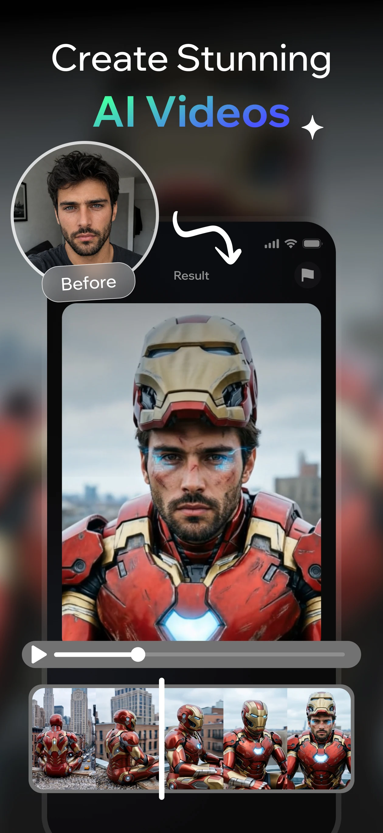 Vixel store preview showing a portrait transformed into a cinematic character